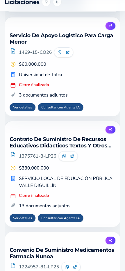 Vista mobile de una licitación con metadatos clave y acceso al agente IA