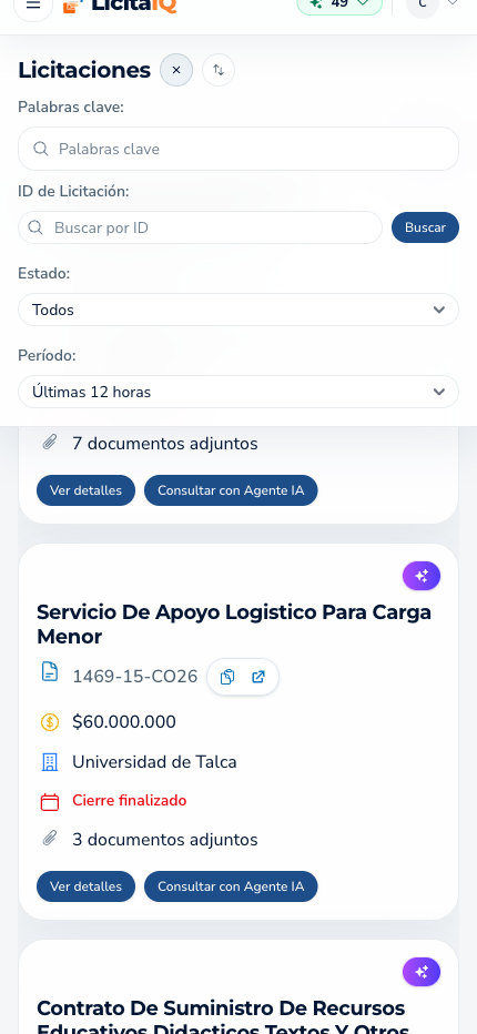 Vista mobile de LicitaIQ mostrando el buscador para encontrar licitaciones por palabras clave