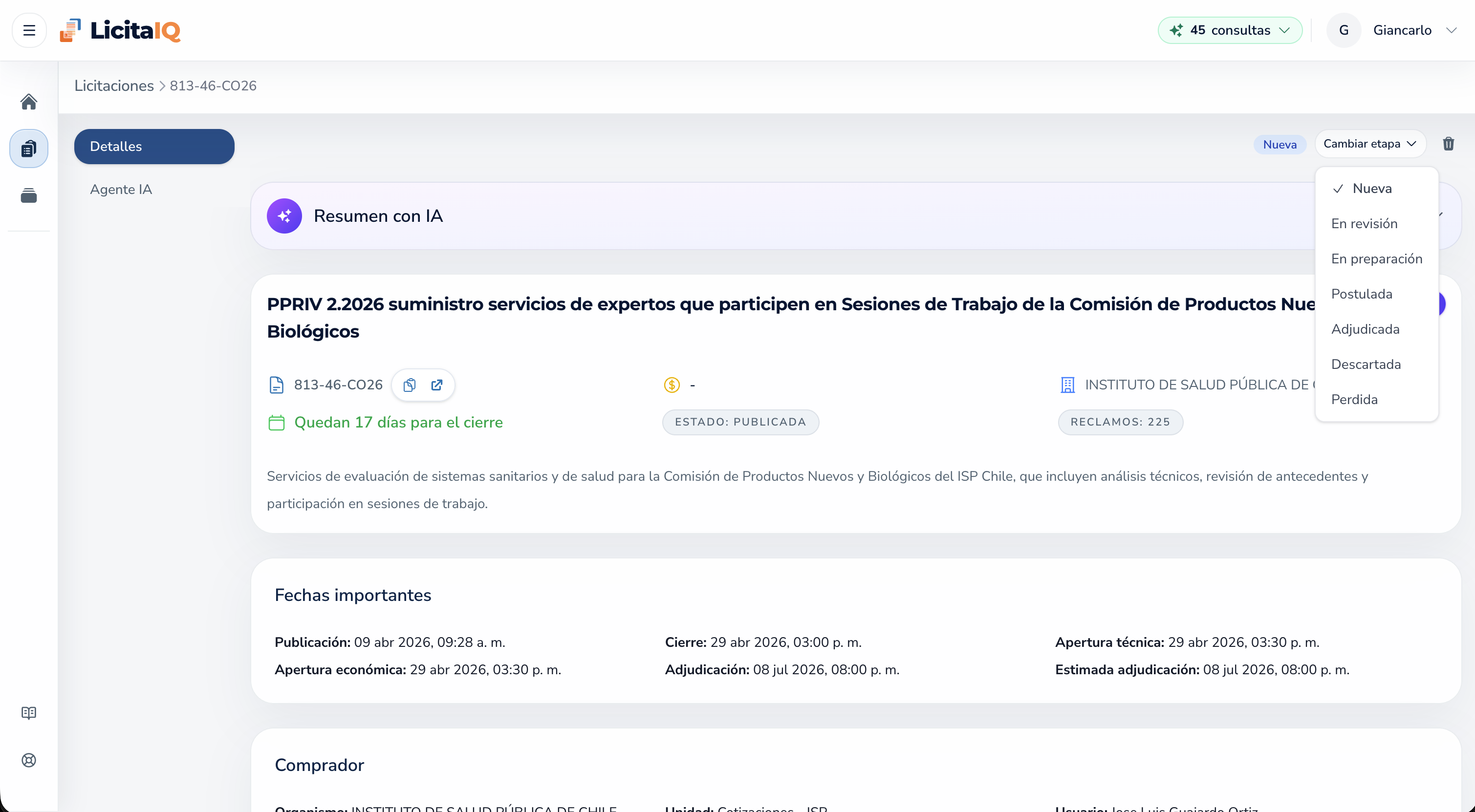 Detalle de licitación con menú para cambiar etapa de seguimiento